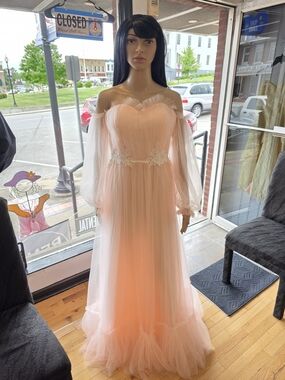Blush Peach/Pinkish Color Off-Shoulder Tulle Gown with Corset Back